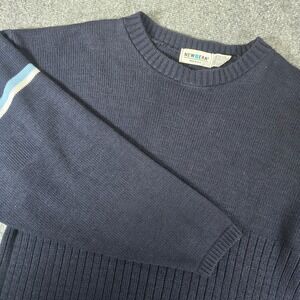 Vintage New‎ Era Sweater Medium Blue Striped Sleeve Crewneck Knit Pullover